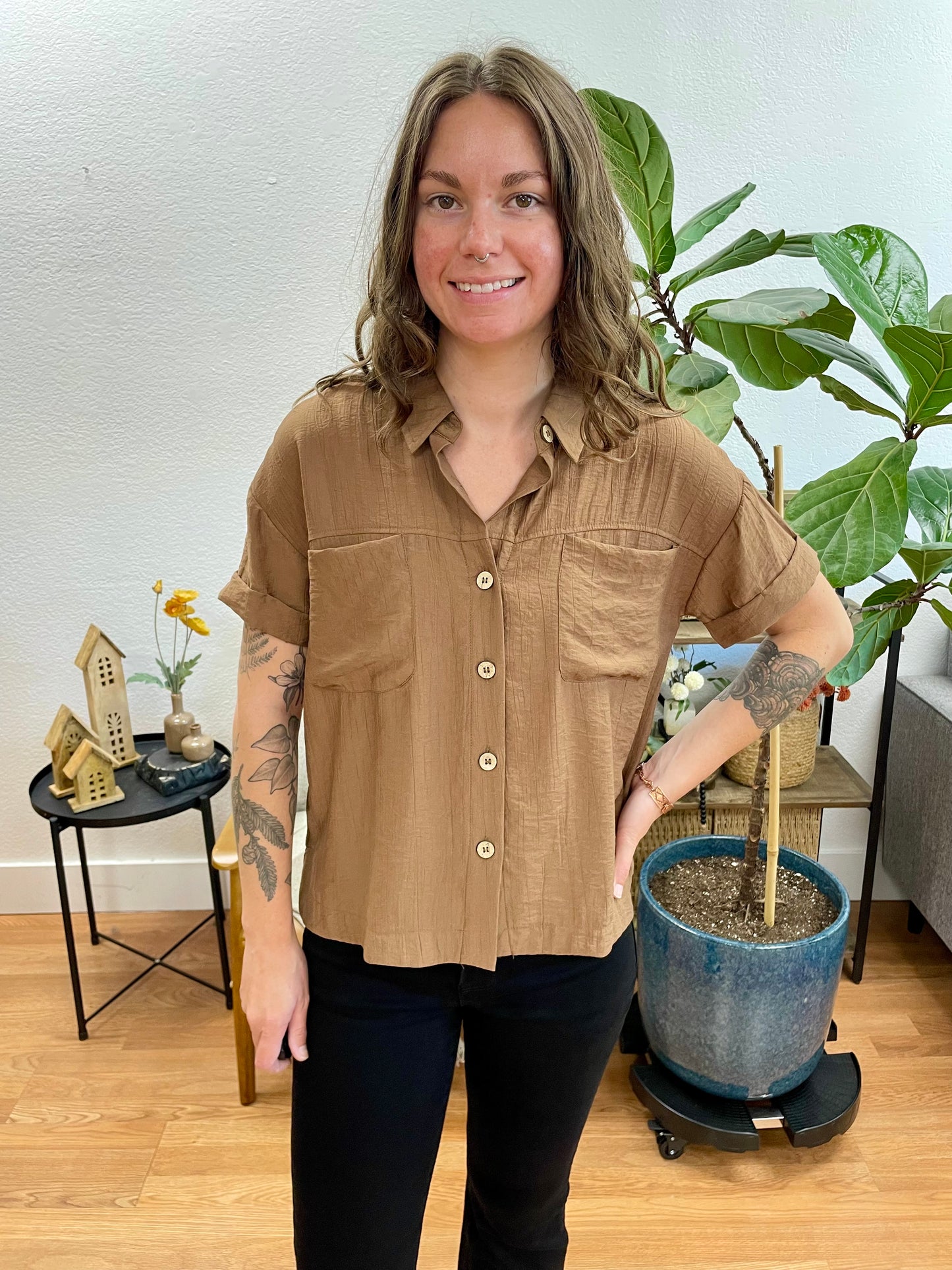 Brown Textured Button Down Top