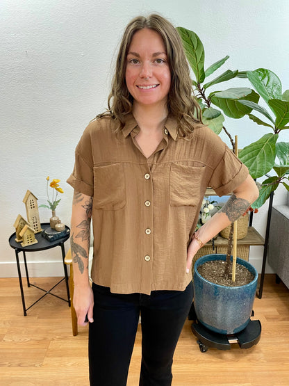 Brown Textured Button Down Top