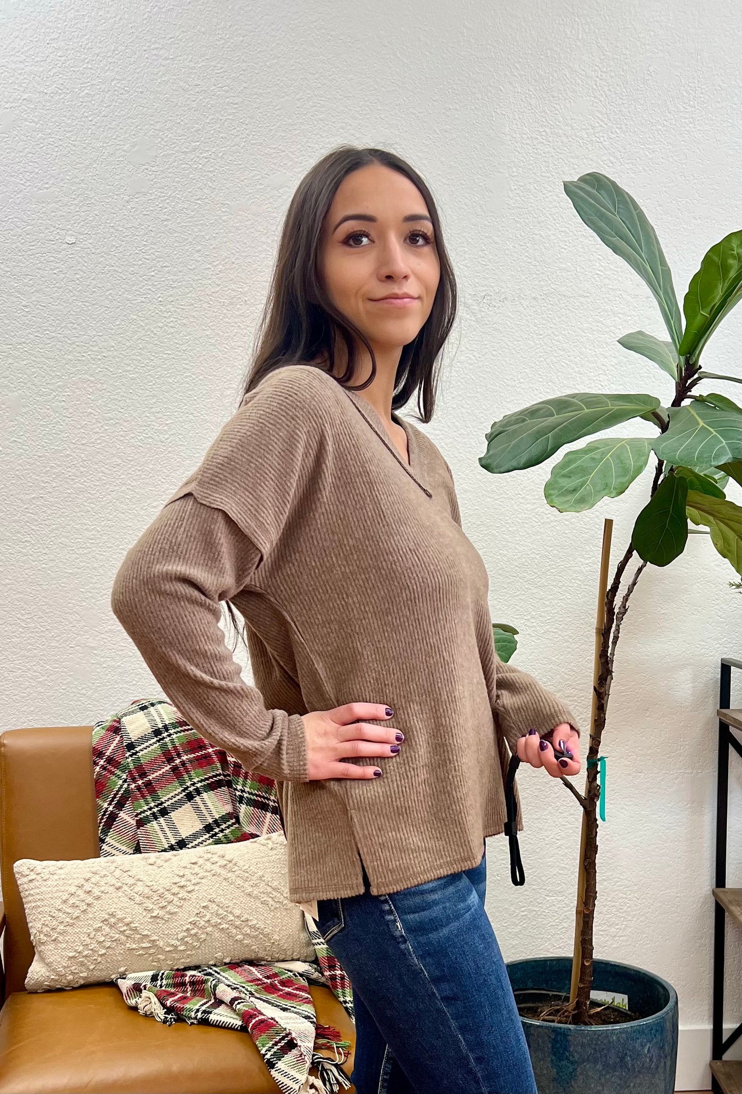 Mocha V Neck Drop Shoulder Top
