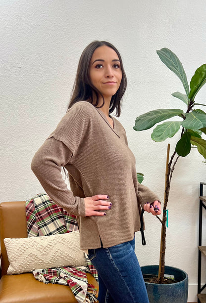 Mocha V Neck Drop Shoulder Top
