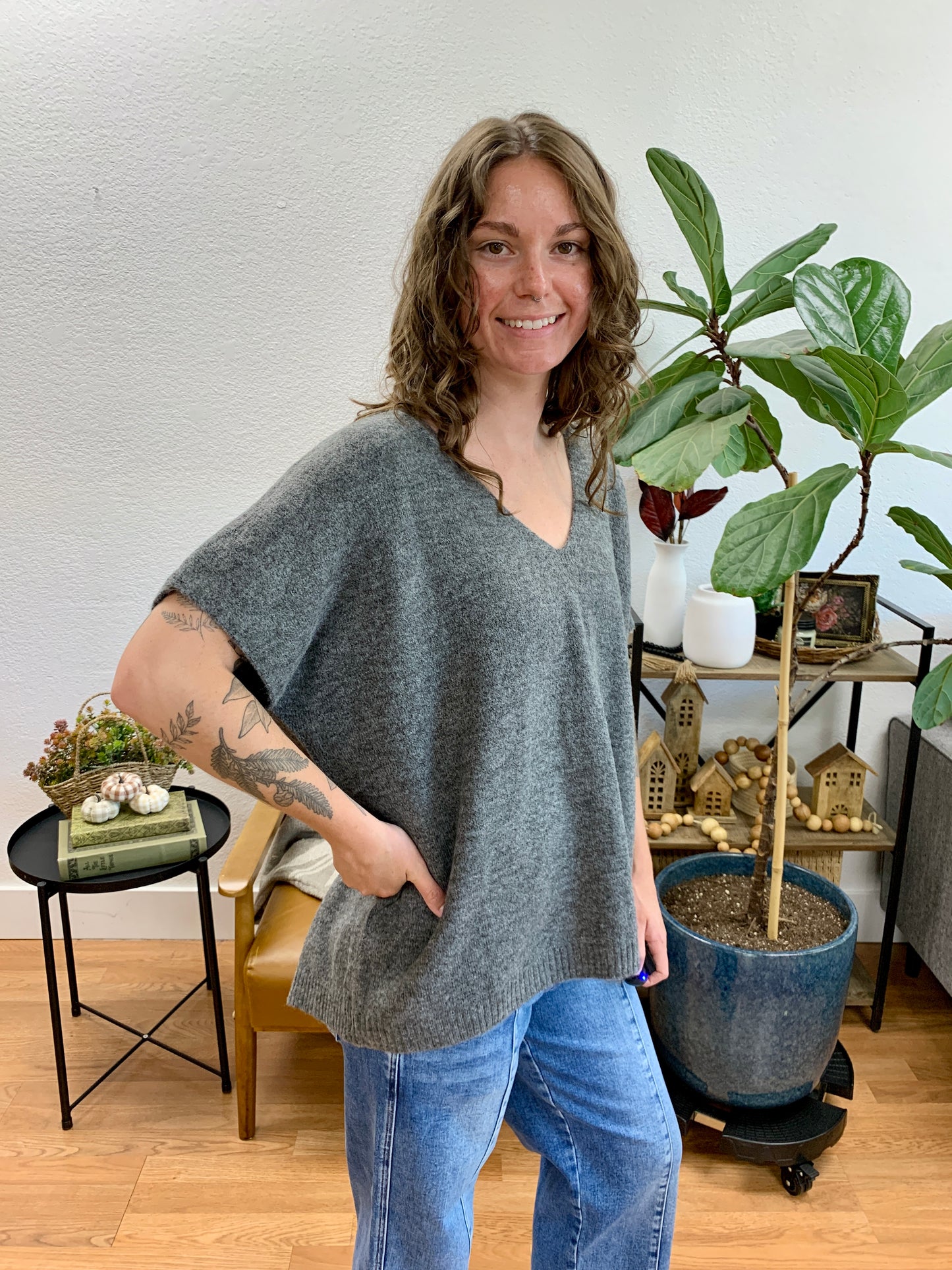 Charcoal V Neck Short Sleeve Sweater