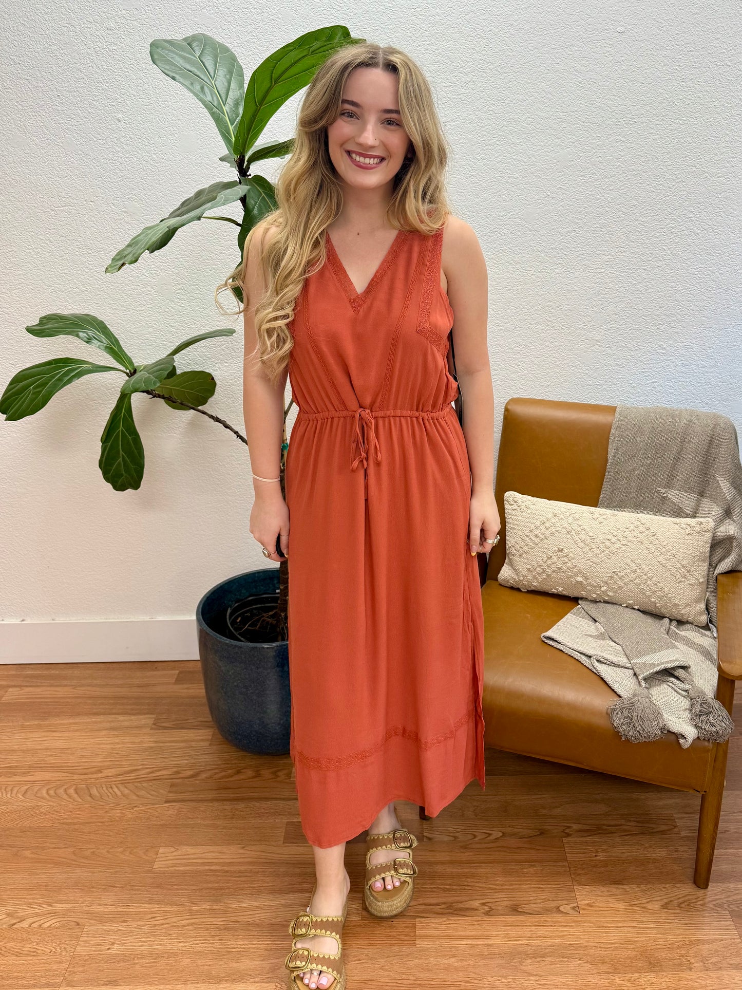 Rust Sleeveless V-Neck Maxi Dress