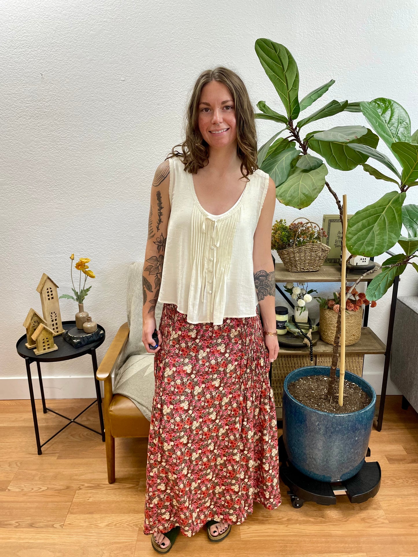 Wine Floral Smocked Waist Skirt