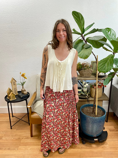 Wine Floral Smocked Waist Skirt