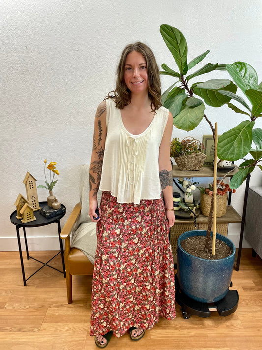 Wine Floral Smocked Waist Skirt