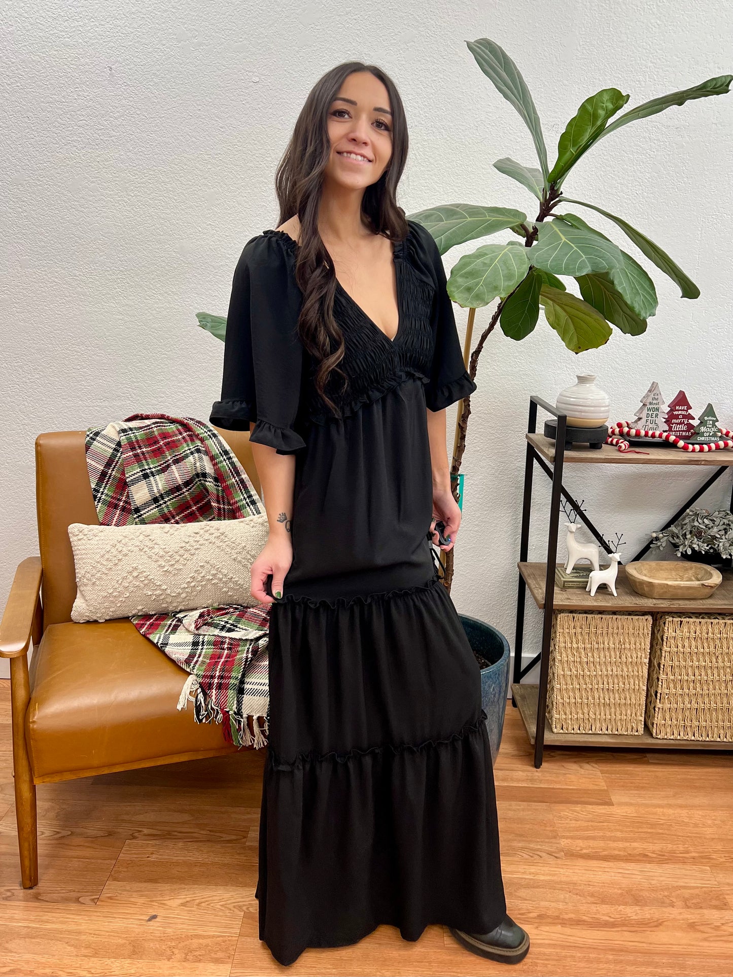 Black Flutter Sleeve Woven Maxi Dress