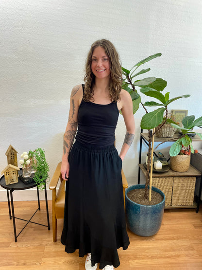 Scarf Hem Black Midi Skirt