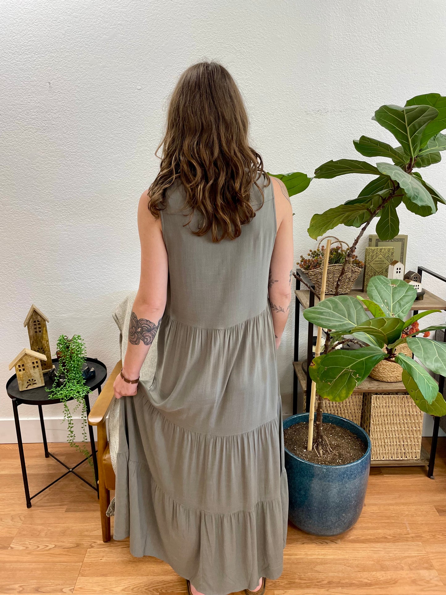 Olive Button Front Tiered Maxi Dress
