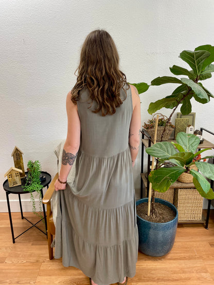 Olive Button Front Tiered Maxi Dress