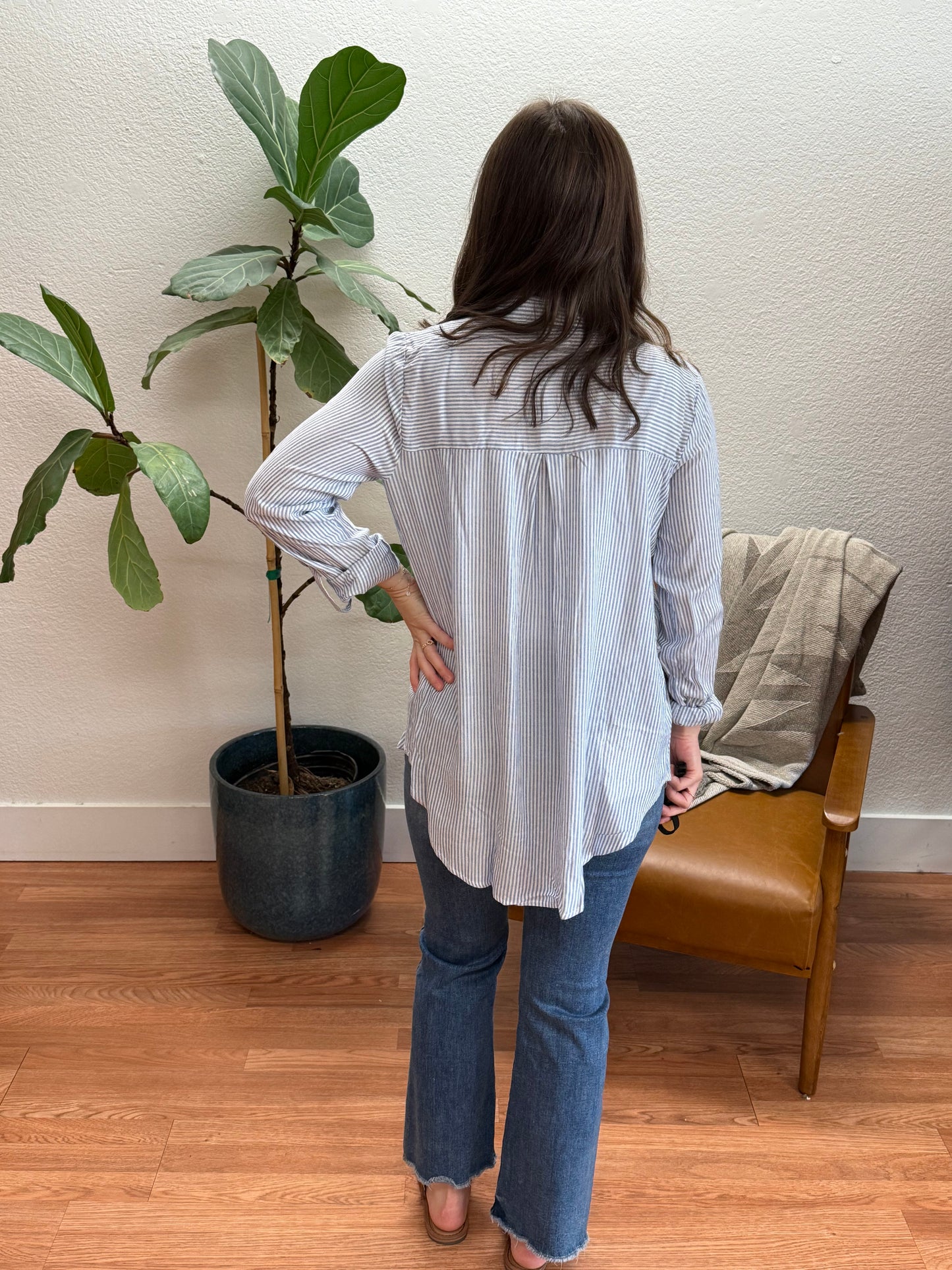 Navy Striped Pocket Button Down