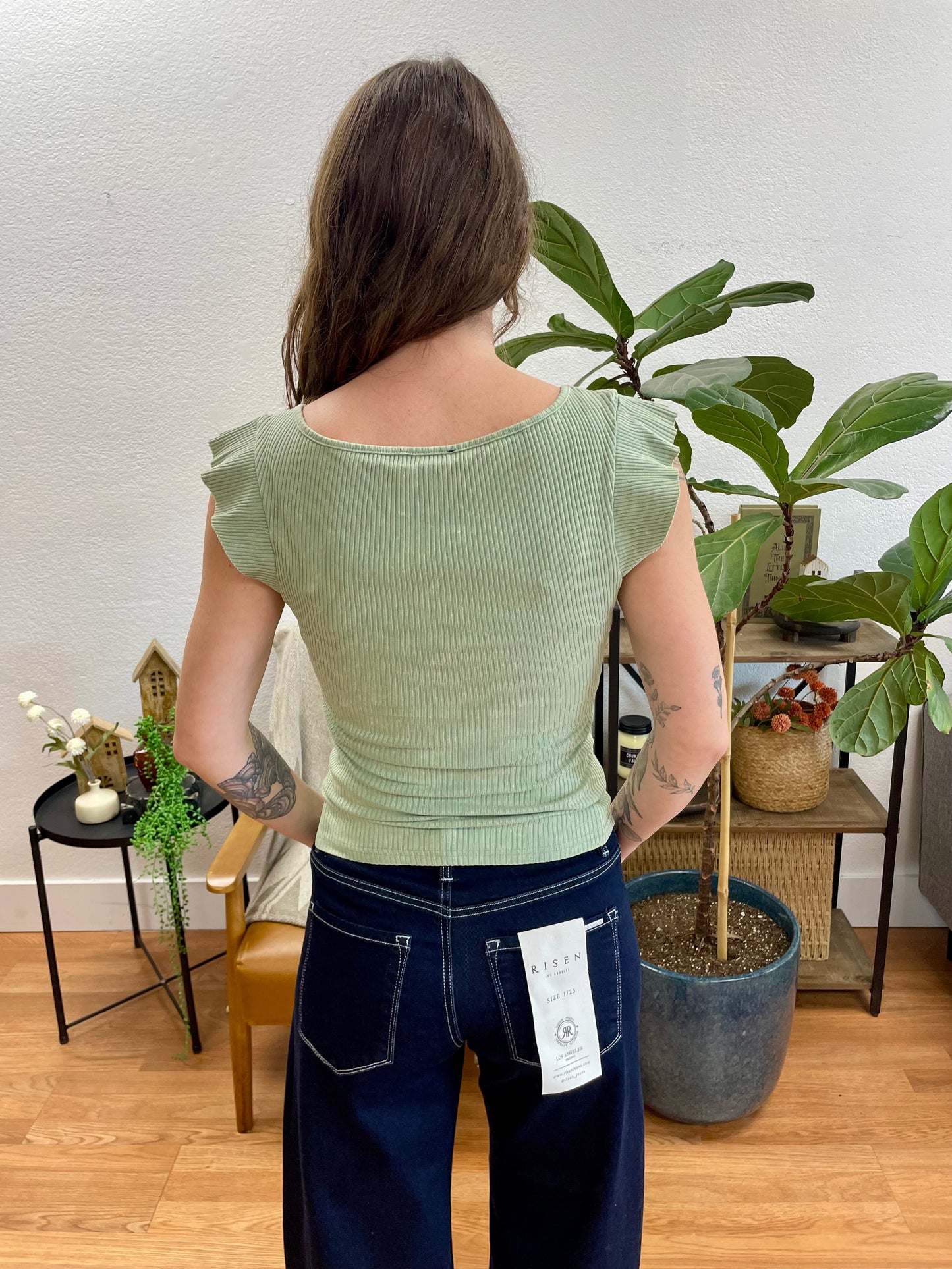 Sage Washed Ruffle Sleeve Top
