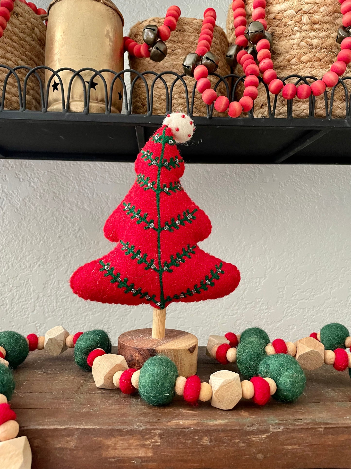 Wool Red and Green Wood Bead Garland