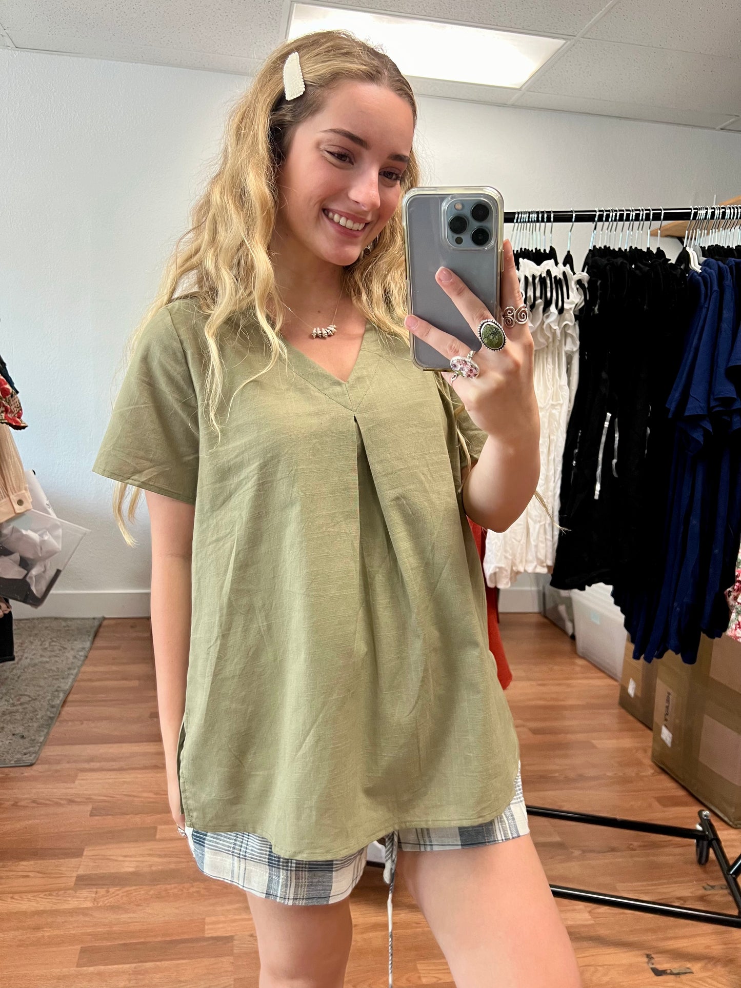 Olive Washed Linen V-Neck Top