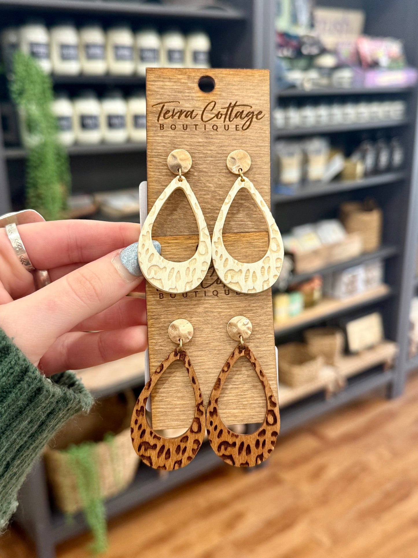 Wood Carved Leopard Teardrop Dangle Earrings