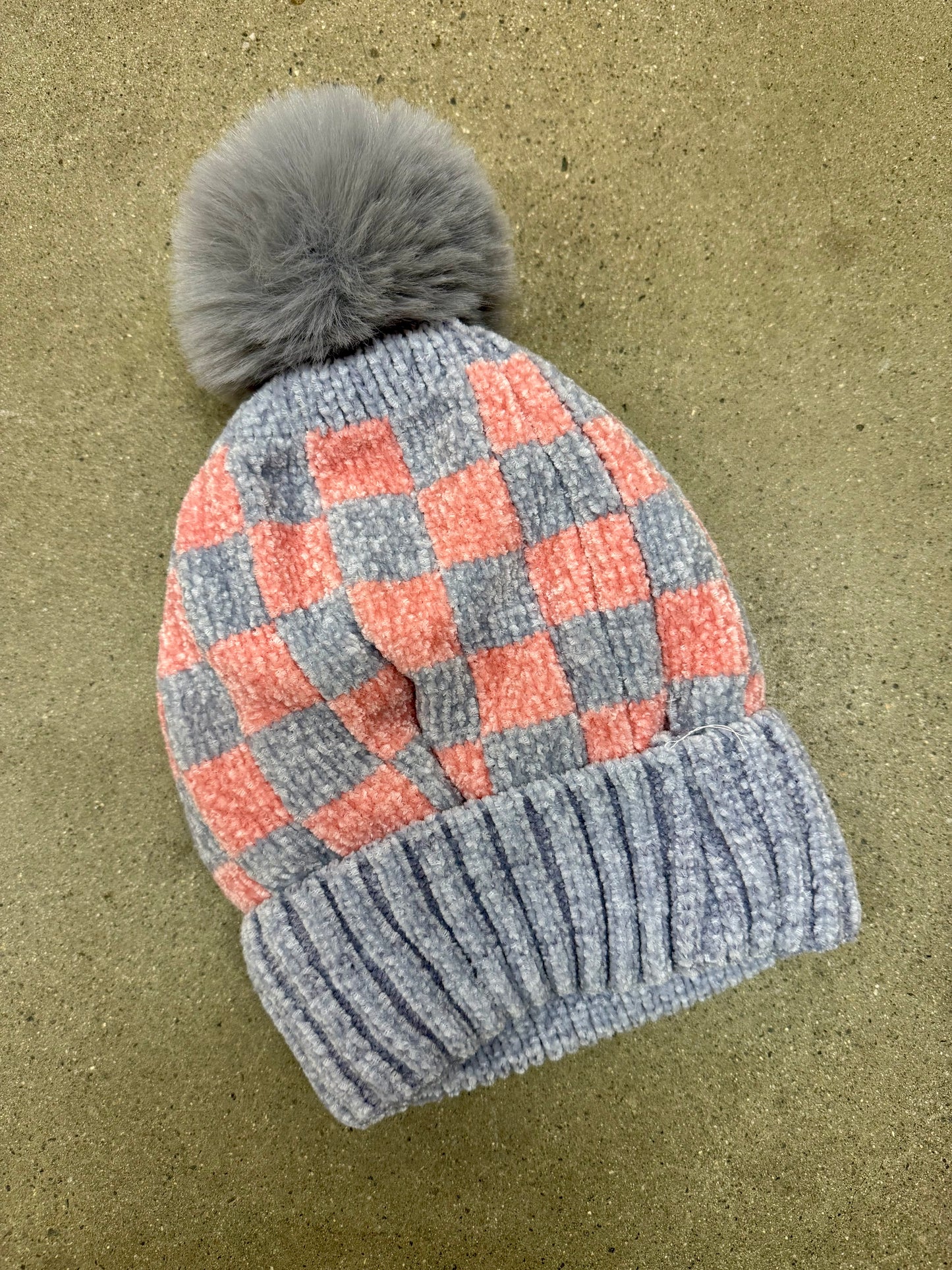 Grey Checkered Chenille Beanie