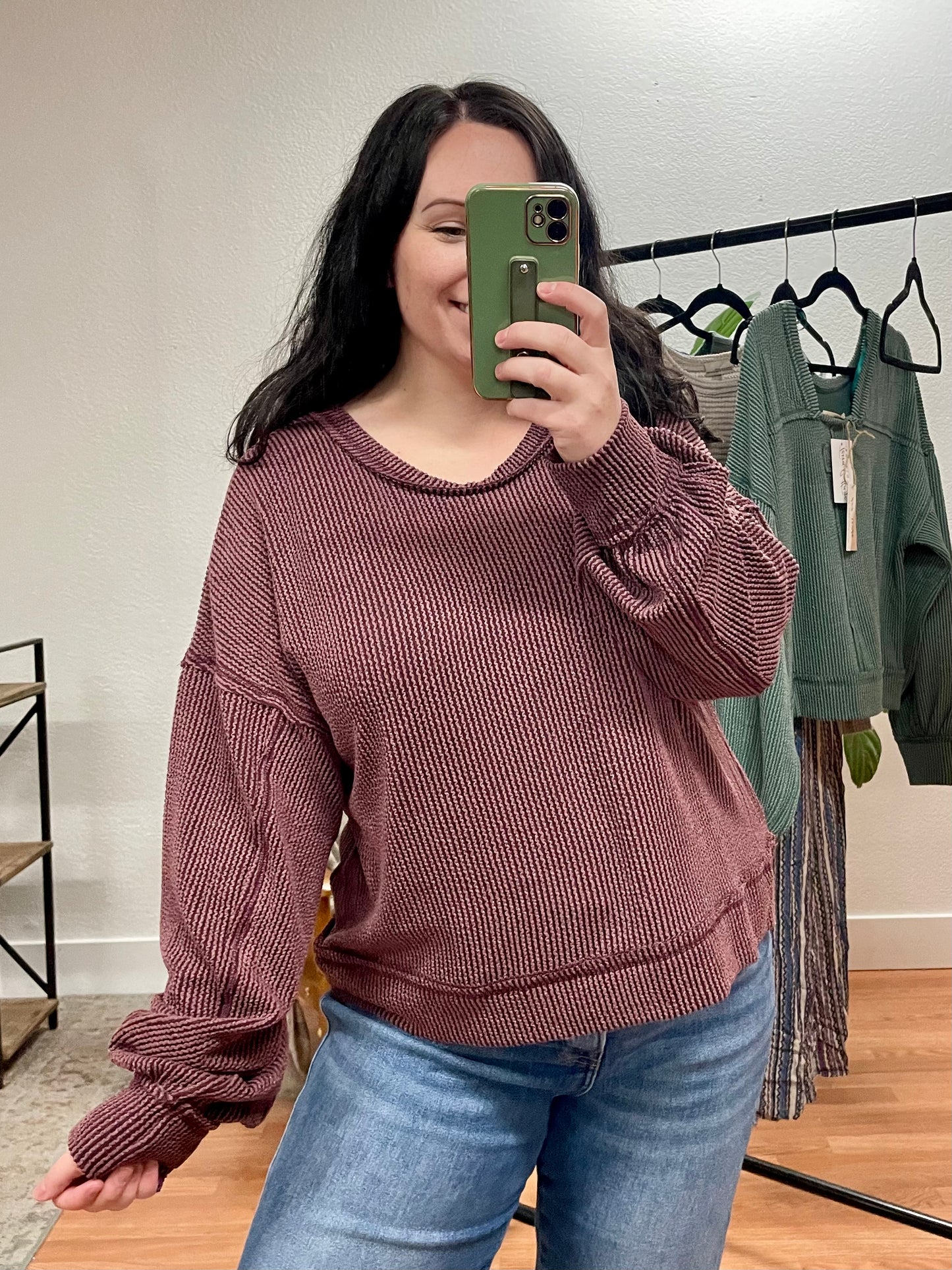 Wine Ribbed Oversized Soft Knit Top