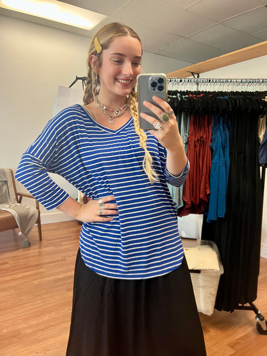 Royal Blue V-Neck Stripe Top