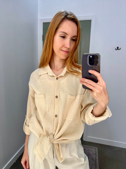 Beige Double Gauze Rolled Sleeve Button Down