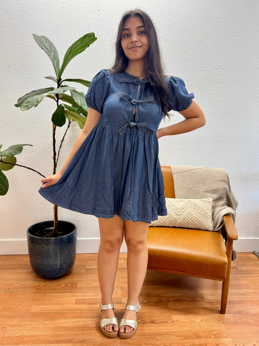 Chambray Puff Sleeve Mini Dress
