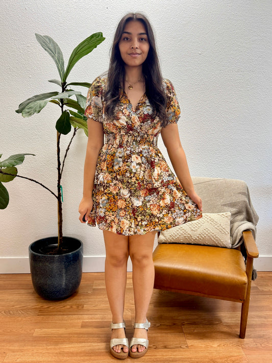 Floral Surplice Tiered Mini Dress