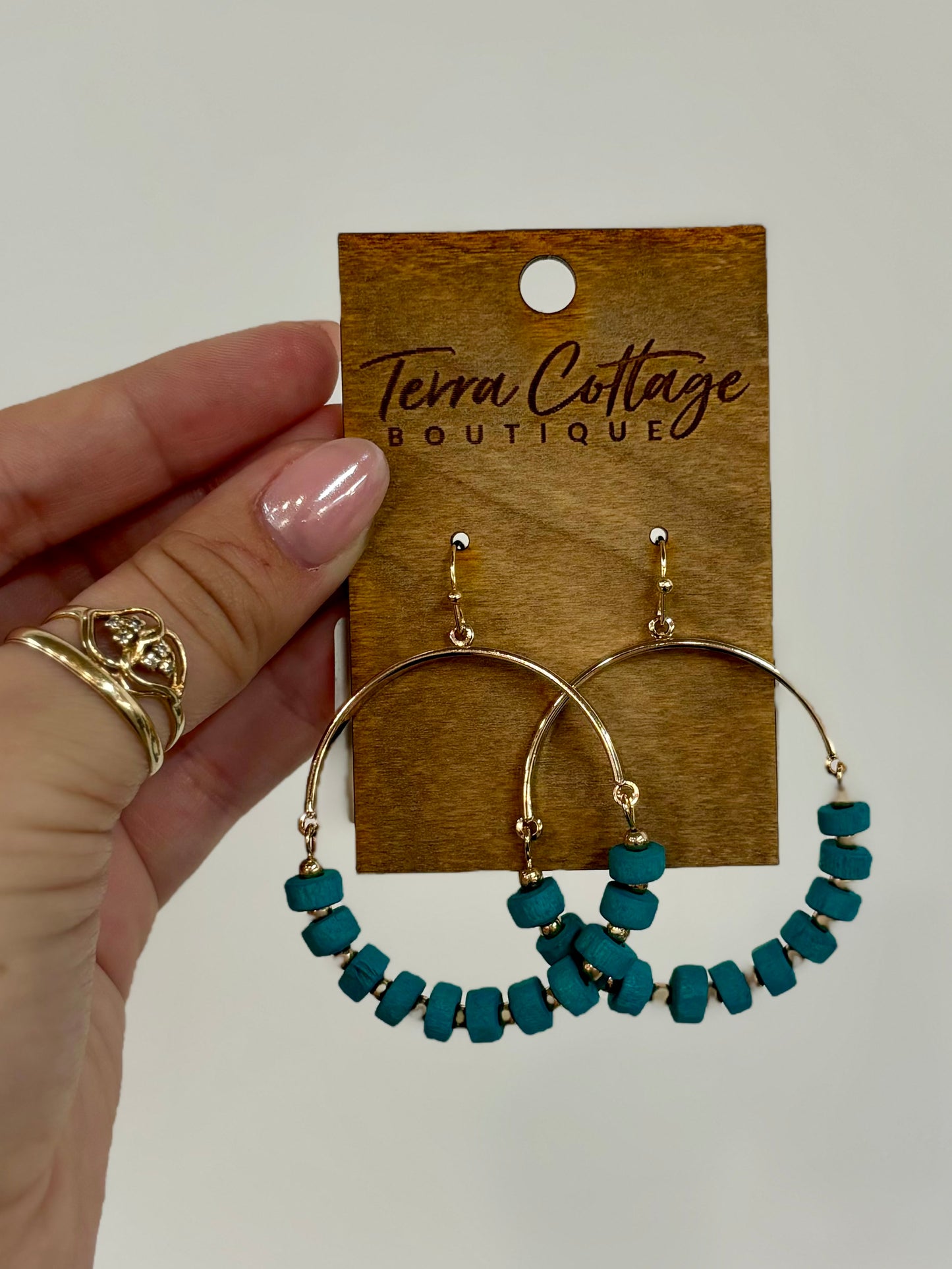 Turquoise Wood & Metal Circle Drop Earrings