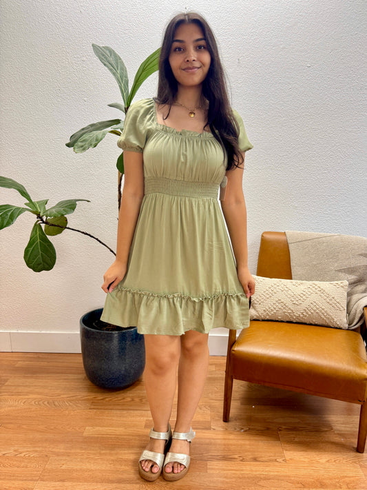 Light Olive Ruffle Trim Dress