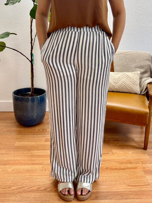 Navy Stripe Linen Wide Leg Pants
