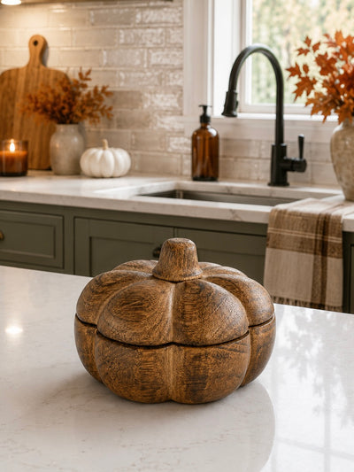 4" Pumpkin Mango Wood Dish Swivel Top Fall Autumn