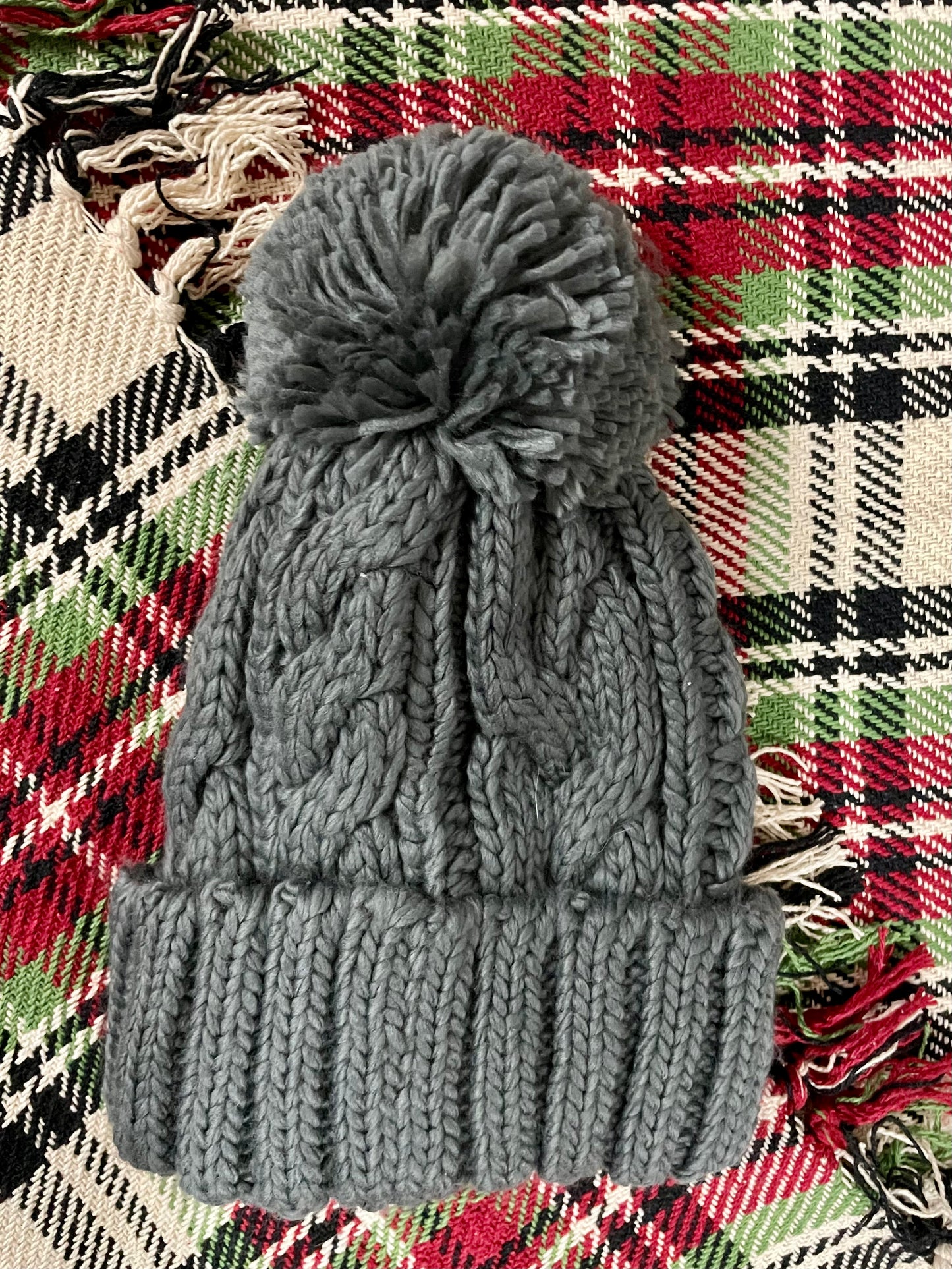 Grey Knitted Beanie with Pompom