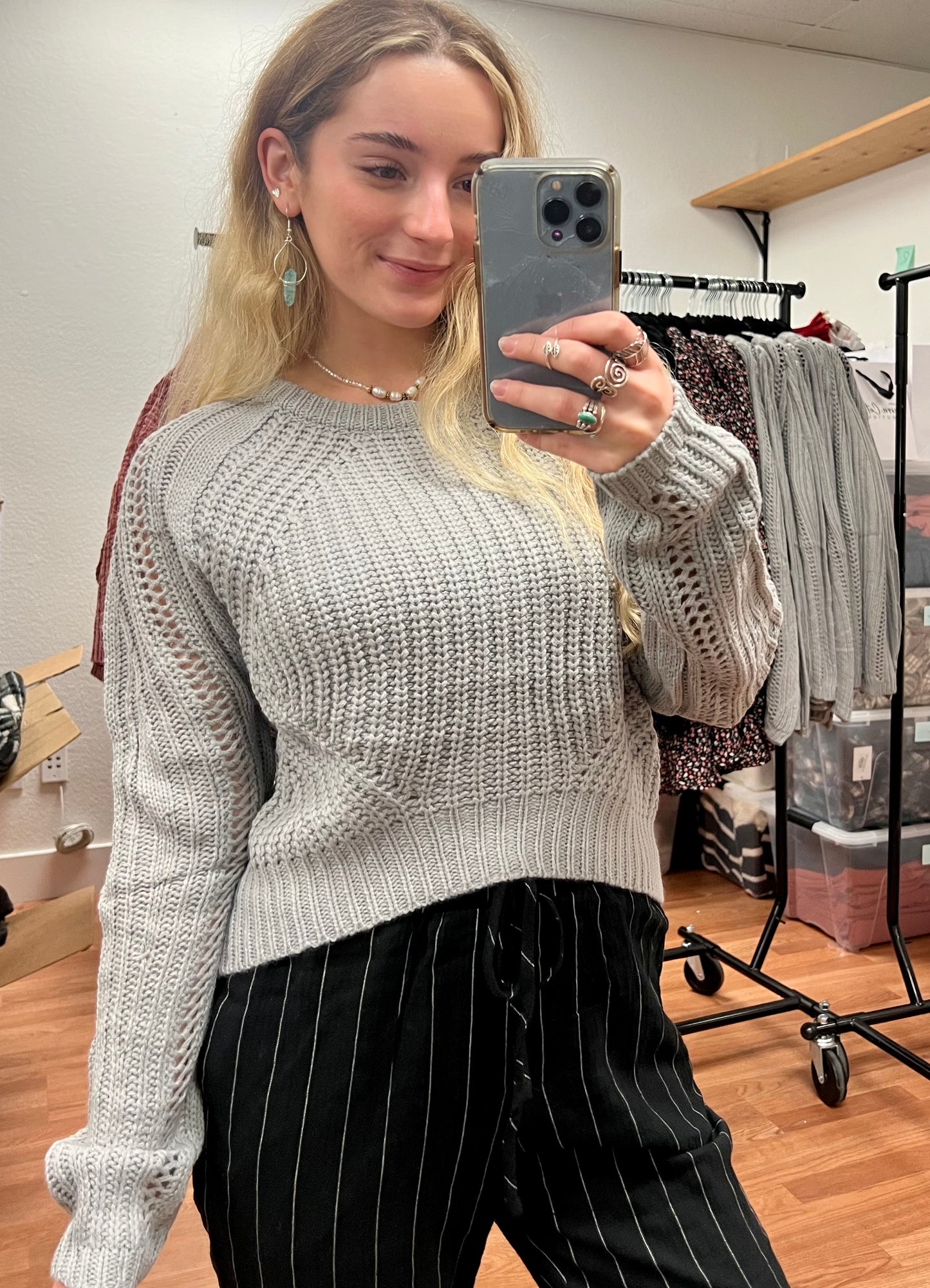 Grey Cropped Knit Sweater