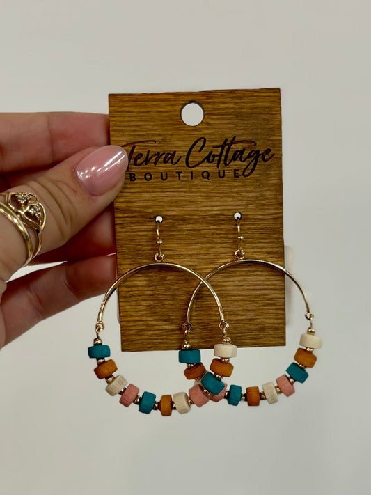 Multicolored Wood & Metal Circle Drop Earrings