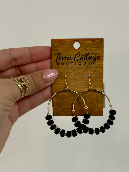 Black Wood & Metal Circle Drop Earrings