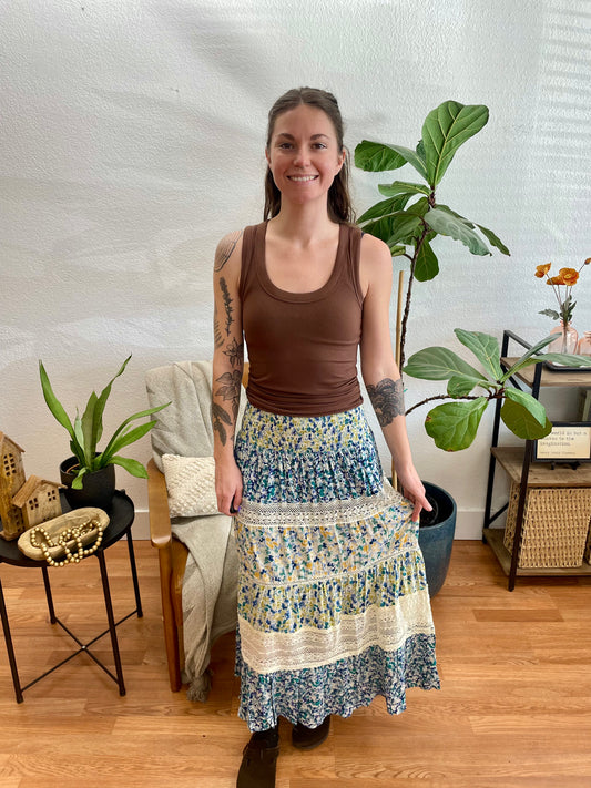 Blue Lace Trim Maxi Skirt