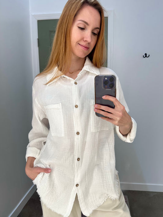 White Double Gauze Rolled Sleeve Button Down