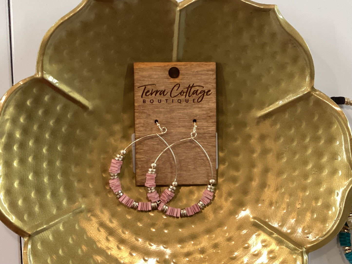 Pink Wood & Metal Teardrop Drop Earrings