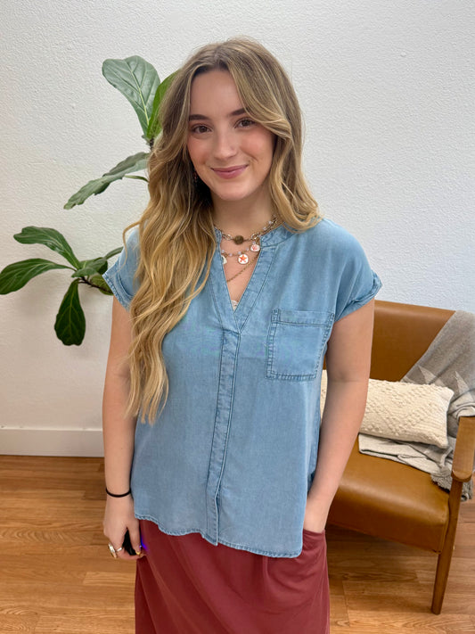 Chambray Back Button Top