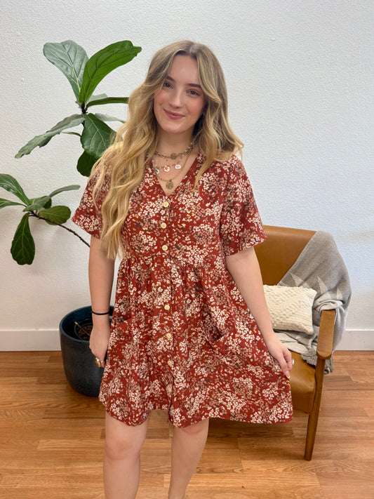 Caramel Floral Babydoll Dress