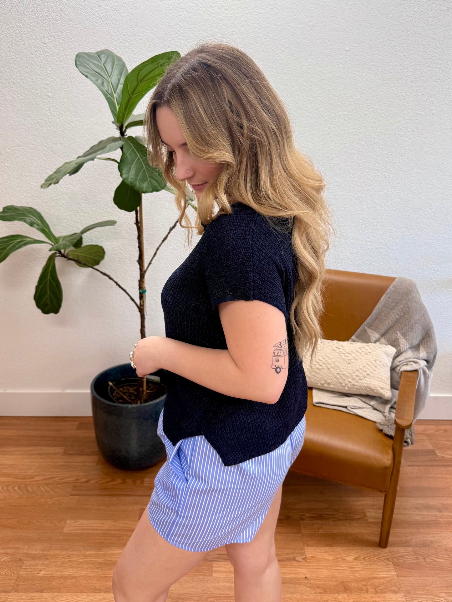 Navy Split Neck Knit Pullover