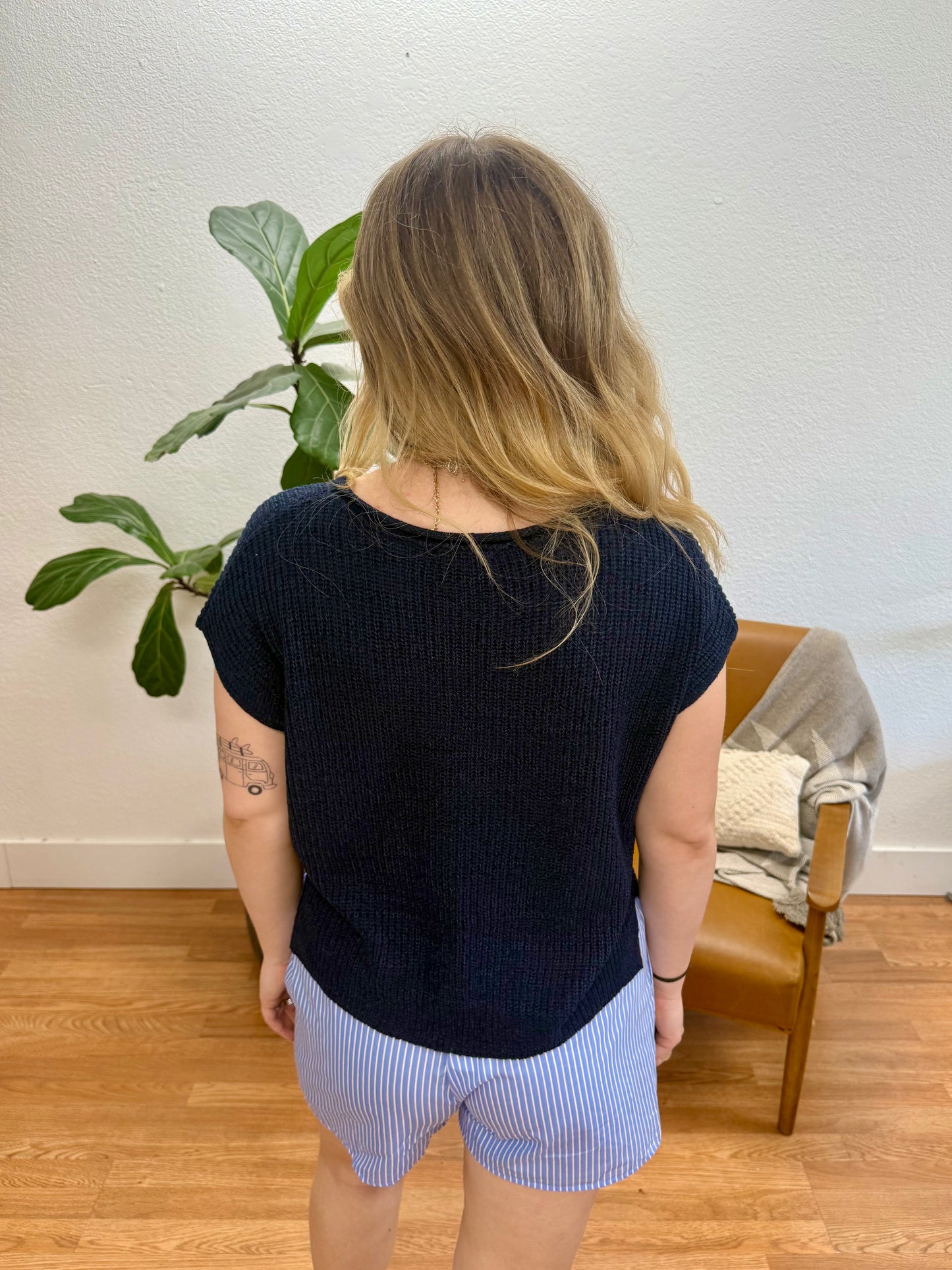 Navy Split Neck Knit Pullover