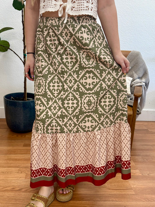 Green Patchwork Wide Hem Skirt