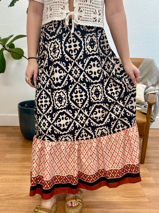 Black Patchwork Wide Hem Skirt
