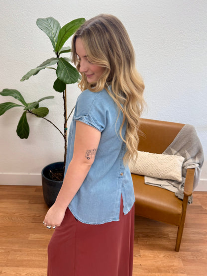Chambray Back Button Top