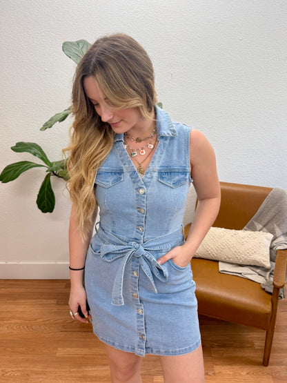 Light Blue Belted Denim Dress