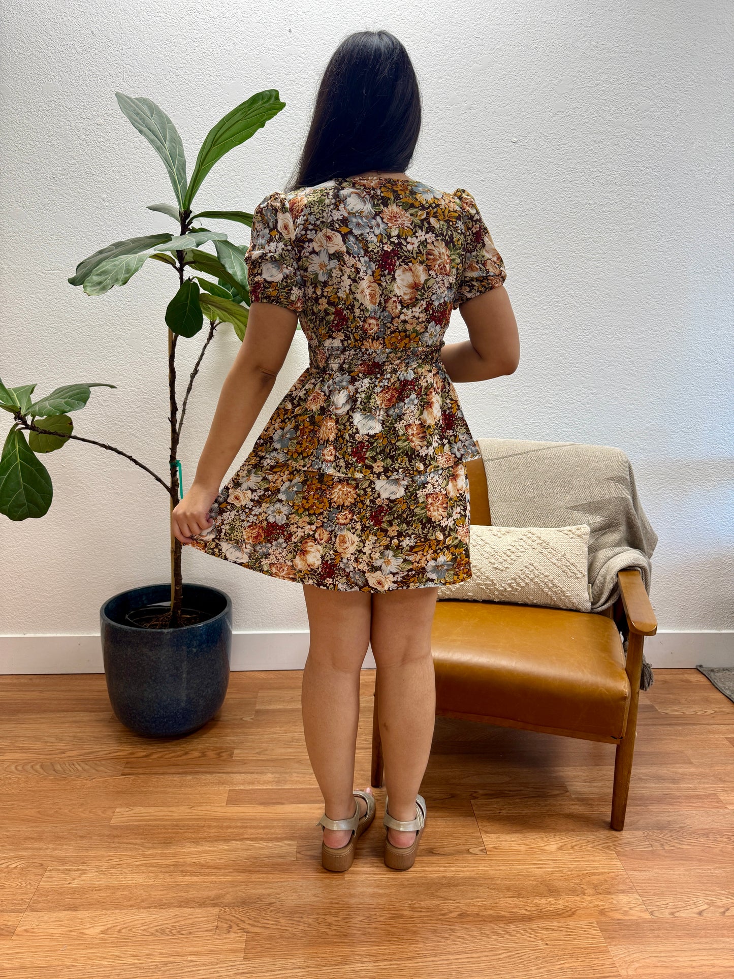 Floral Surplice Tiered Mini Dress
