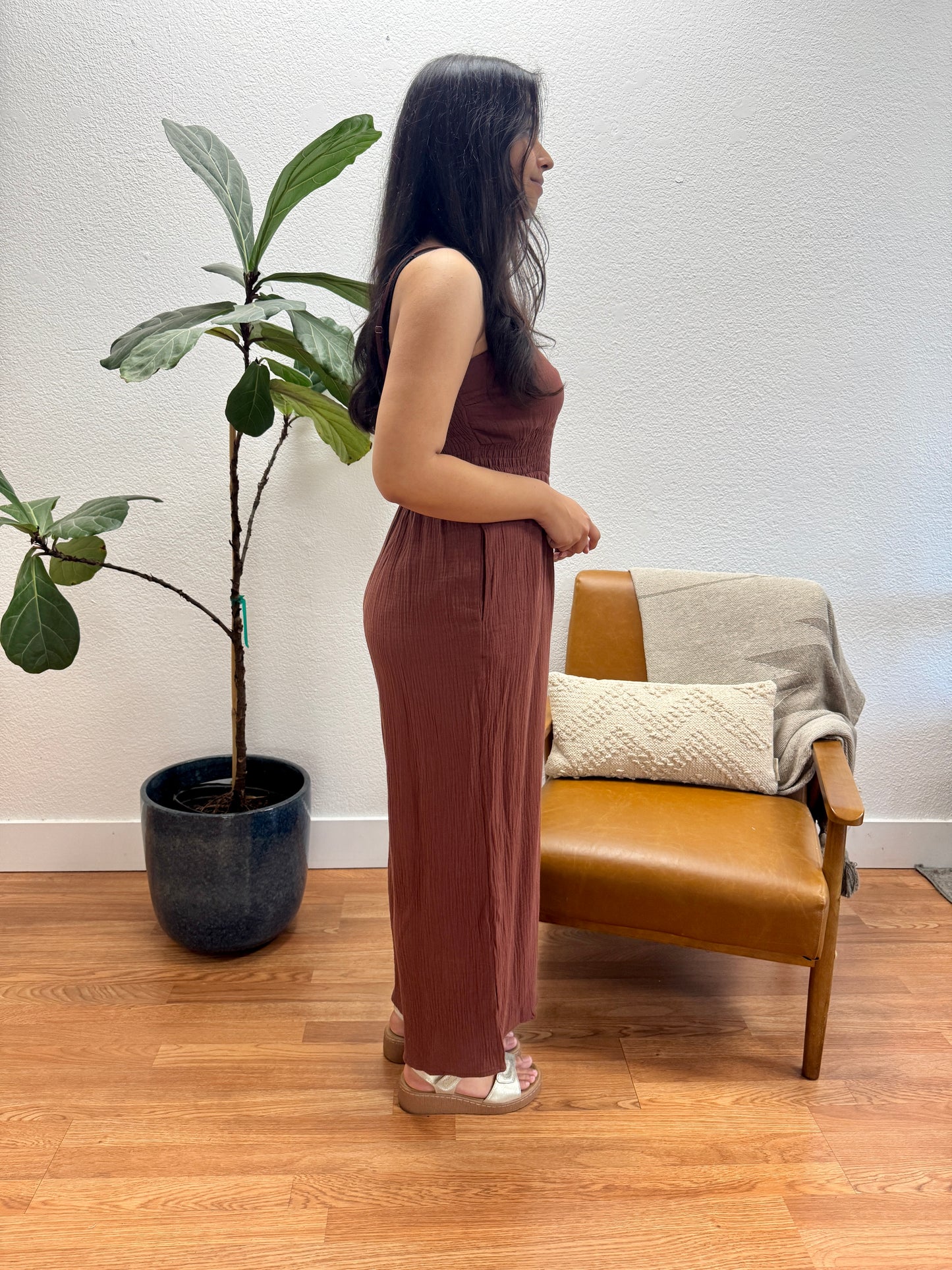Brown Cotton Smocked Jumpsuit