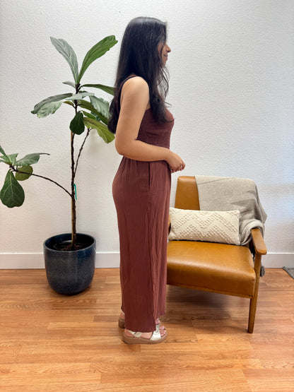 Brown Cotton Smocked Jumpsuit