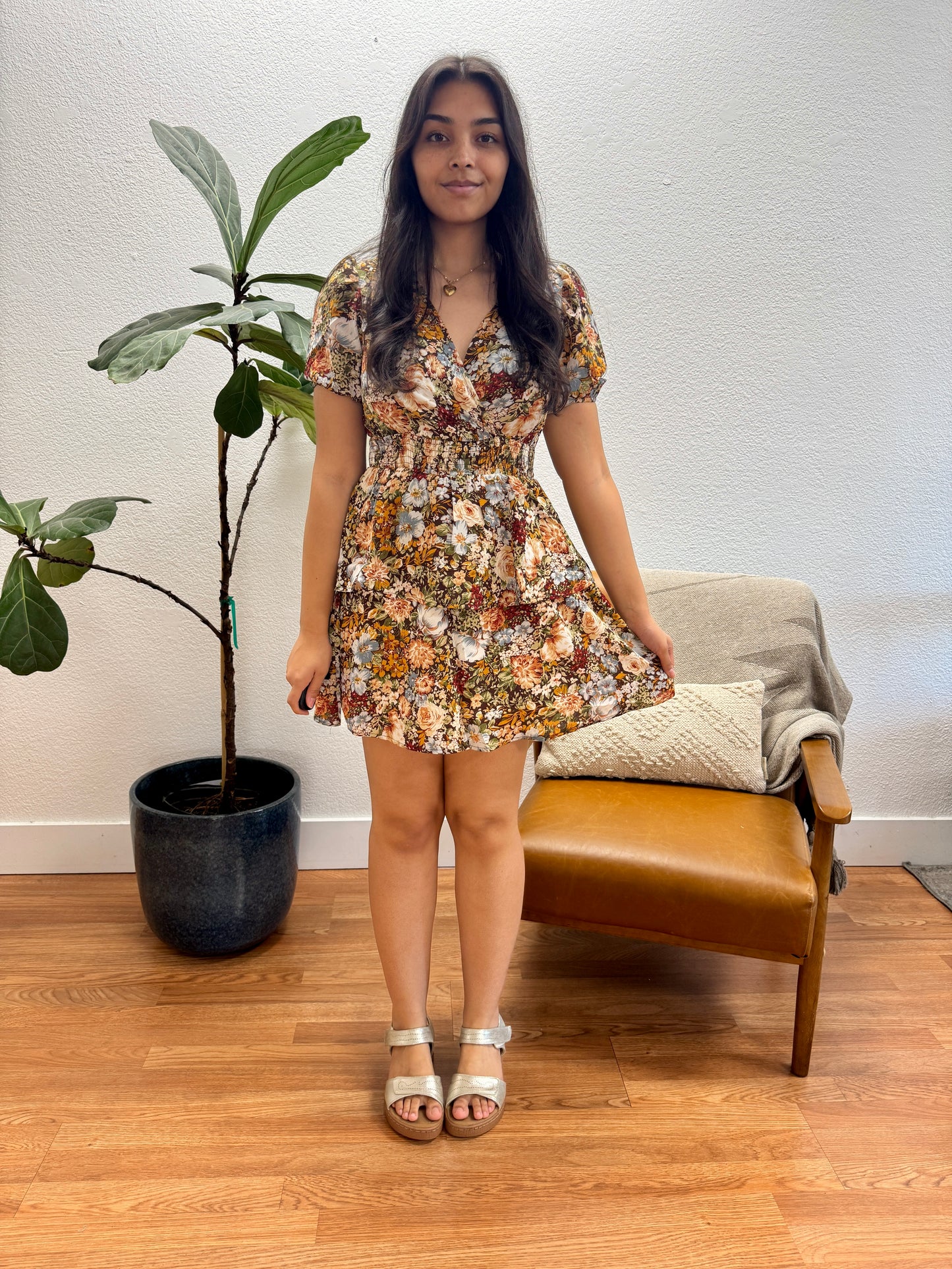 Floral Surplice Tiered Mini Dress