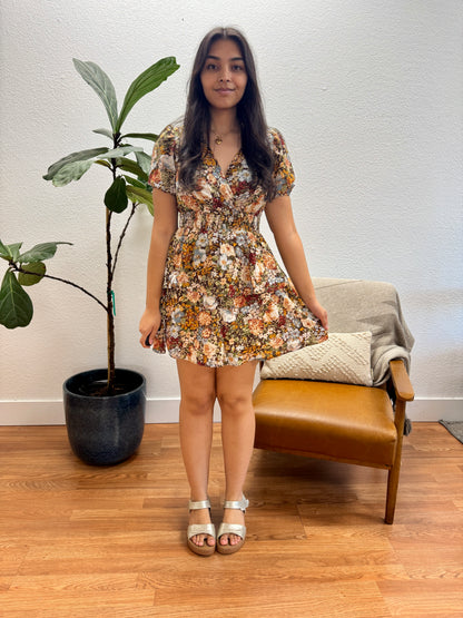 Floral Surplice Tiered Mini Dress