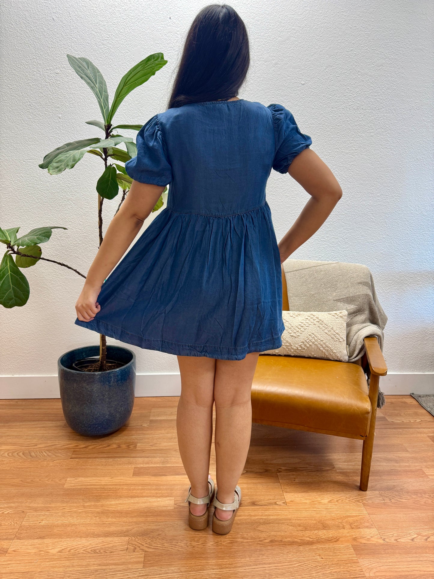 Chambray Puff Sleeve Mini Dress