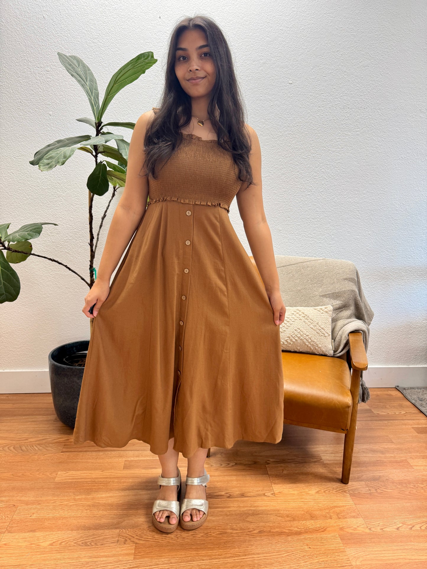 Light Brown Button Down Midi Dress